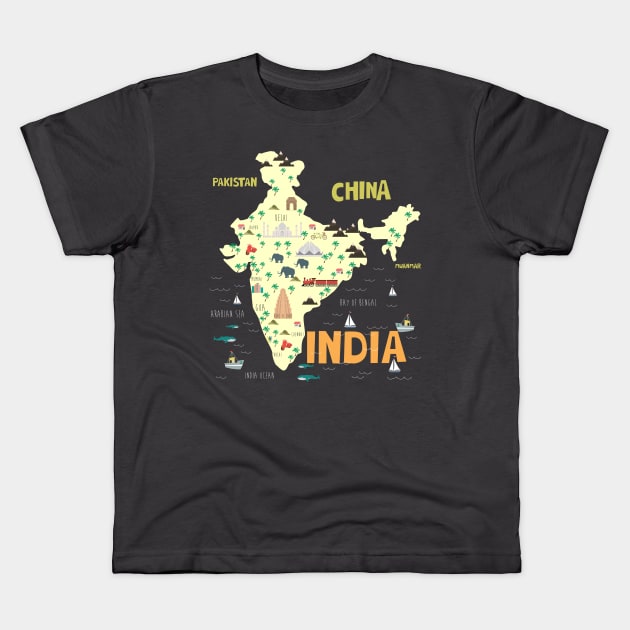 Illustrated India Map Kids T-Shirt by JunkyDotCom